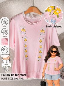 CosyJoli Plus Size Floral Embroidered Short Sleeve Sweater Autumn Teachers' Day Dinner Pink - Pink - View 2