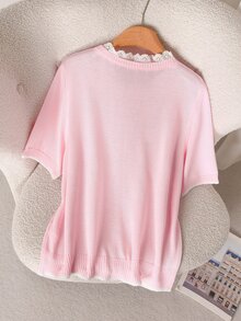 CosyJoli Plus Size Floral Embroidered Short Sleeve Sweater Autumn Teachers' Day Dinner Pink - Pink - View 3