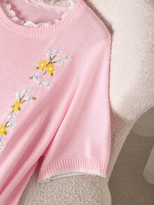 CosyJoli Plus Size Floral Embroidered Short Sleeve Sweater Autumn Teachers' Day Dinner Pink - Pink - View 6