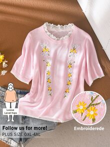 CosyJoli Plus Size Floral Embroidered Short Sleeve Sweater Autumn Teachers' Day Dinner Pink - Pink - View 4