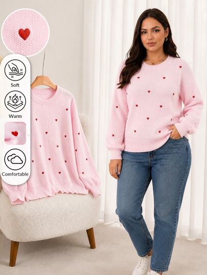 CosyJoli Plus Size Elegant French Style Vacation Commute Romantic Date Casual Premium Minimalist Pink Heart Embroidery Knit Pullover Sweater For Fall/Winter