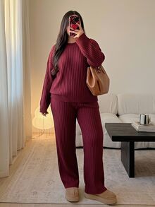 CosyJoli Plus Size Women Solid Color Round Neck Long Sleeve Top And Pants Knit Set Dates Date Night Burgundy Autumn Normal Traditional Winter - Red - View 5