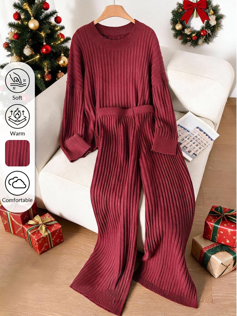 CosyJoli Plus Size Women Solid Color Round Neck Long Sleeve Top And Pants Knit Set Dates Date Night Burgundy Autumn Normal Traditional Winter