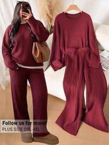 CosyJoli Plus Size Women Solid Color Round Neck Long Sleeve Top And Pants Knit Set Dates Date Night Burgundy Autumn Normal Traditional Winter - Red - View 4