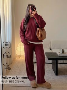 CosyJoli Plus Size Women Solid Color Round Neck Long Sleeve Top And Pants Knit Set Dates Date Night Burgundy Autumn Normal Traditional Winter - Red - View 9
