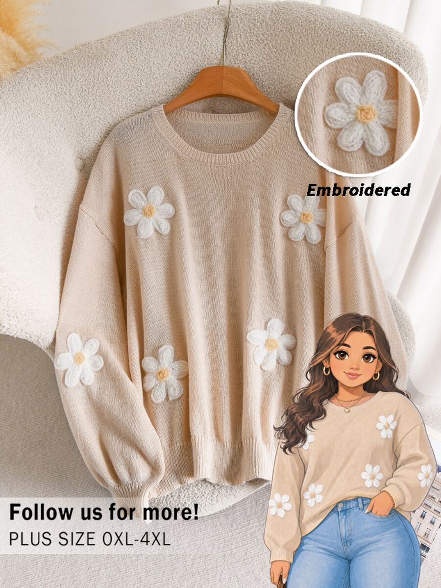 CosyJoli Plus Size Autumn/Winter Casual Cute Kawaii 3D Floral Decor Sweater Fall/Winter Date Dates Office Night Formal Beige Floral Sweater Fall/Winter - Apricot - View 1