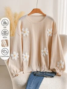 CosyJoli Plus Size Autumn/Winter Casual Cute Kawaii 3D Floral Decor Sweater Fall/Winter Date Dates Office Night Formal Beige Floral Sweater Fall/Winter - Apricot - View 3