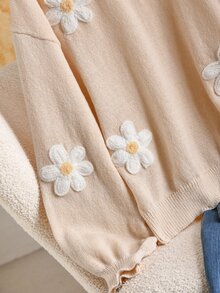 CosyJoli Plus Size Autumn/Winter Casual Cute Kawaii 3D Floral Decor Sweater Fall/Winter Date Dates Office Night Formal Beige Floral Sweater Fall/Winter - Apricot - View 6