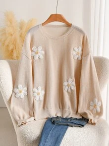CosyJoli Plus Size Autumn/Winter Casual Cute Kawaii 3D Floral Decor Sweater Fall/Winter Date Dates Office Night Formal Beige Floral Sweater Fall/Winter - Apricot - View 4