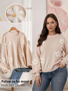 CosyJoli Plus Size Autumn/Winter Casual Cute Kawaii 3D Floral Decor Sweater Fall/Winter Date Dates Office Night Formal Beige Floral Sweater Fall/Winter - Apricot - View 7