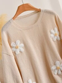 CosyJoli Plus Size Autumn/Winter Casual Cute Kawaii 3D Floral Decor Sweater Fall/Winter Date Dates Office Night Formal Beige Floral Sweater Fall/Winter - Apricot - View 5