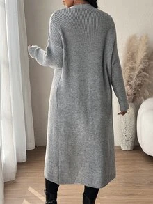 SHEIN Frenchy 大码开衩毛衣圆领秋冬长袖女装外出装机场装个性毛衣搭配纯色裹身毛衣裙休闲秋冬 - 灰色 - 查看 2