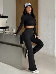 Muchica Women's Solid Color Long Sleeve Top Leggings Sports Set Gym Set Workout Set 2 Piece Set Tracksuit Outfit Set Sportswear Activewear Yoga Fitness Fall - Black - View 6
