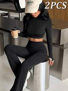 Muchica Women's Solid Color Long Sleeve Top Leggings Sports Set Gym Set Workout Set 2 Piece Set Tracksuit Outfit Set Sportswear Activewear Yoga Fitness Fall - Black - View 2