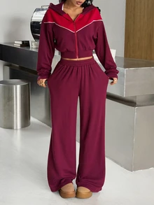 Muchica Women's Long Sleeve Zip-Up Top Wide-Leg Pants Elastic Waist Colorblock Burgundy Sports Set 2 Pieces Set Tracksuit Outfit Set Matching Set Activewear - Burgundy - View 7