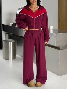 Muchica Women's Long Sleeve Zip-Up Top Wide-Leg Pants Elastic Waist Colorblock Burgundy Sports Set 2 Pieces Set Tracksuit Outfit Set Matching Set Activewear - Burgundy - View 2