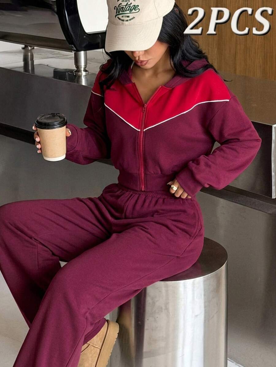 Muchica Women's Long Sleeve Zip-Up Top Wide-Leg Pants Elastic Waist Colorblock Burgundy Sports Set 2 Pieces Set Tracksuit Outfit Set Matching Set Activewear - Burgundy - View 1