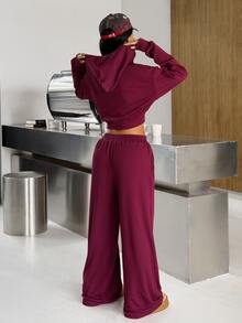 Muchica Women's Long Sleeve Zip-Up Top Wide-Leg Pants Elastic Waist Colorblock Burgundy Sports Set 2 Pieces Set Tracksuit Outfit Set Matching Set Activewear - Burgundy - View 4
