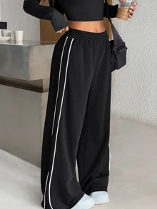 Muchica Women's Contrast Trim Short Sleeve Top Long Pants Sports Set Gym Set Workout Set 2 Piece Set Tracksuit Outfit Set Sportswear Activewear Fitness Fall - Black - View 6