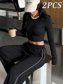 Muchica Women's Contrast Trim Short Sleeve Top Long Pants Sports Set Gym Set Workout Set 2 Piece Set Tracksuit Outfit Set Sportswear Activewear Fitness Fall - Black - View 9