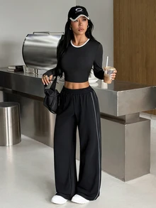 Muchica Women's Contrast Trim Short Sleeve Top Long Pants Sports Set Gym Set Workout Set 2 Piece Set Tracksuit Outfit Set Sportswear Activewear Fitness Fall - Black - View 8