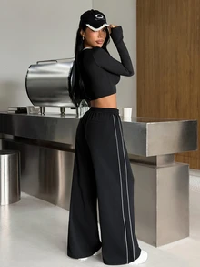 Muchica Women's Contrast Trim Short Sleeve Top Long Pants Sports Set Gym Set Workout Set 2 Piece Set Tracksuit Outfit Set Sportswear Activewear Fitness Fall - Black - View 3