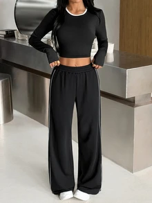 Muchica Women's Contrast Trim Short Sleeve Top Long Pants Sports Set Gym Set Workout Set 2 Piece Set Tracksuit Outfit Set Sportswear Activewear Fitness Fall - Black - View 1