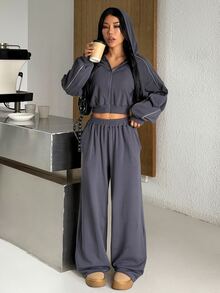Muchica Women's Hooded Zip Up Reflective Stripe Wide Leg Sports Set Gym Set Workout Set 2 Piece Set Tracksuit Outfit Set Sportswear Activewear Fitness Fall - Dark Grey - View 8