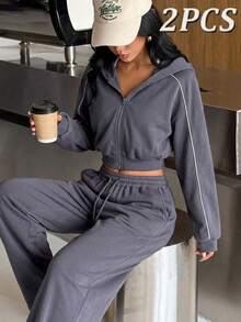 Muchica Women's Hooded Zip Up Reflective Stripe Wide Leg Sports Set Gym Set Workout Set 2 Piece Set Tracksuit Outfit Set Sportswear Activewear Fitness Fall - Dark Grey - View 1
