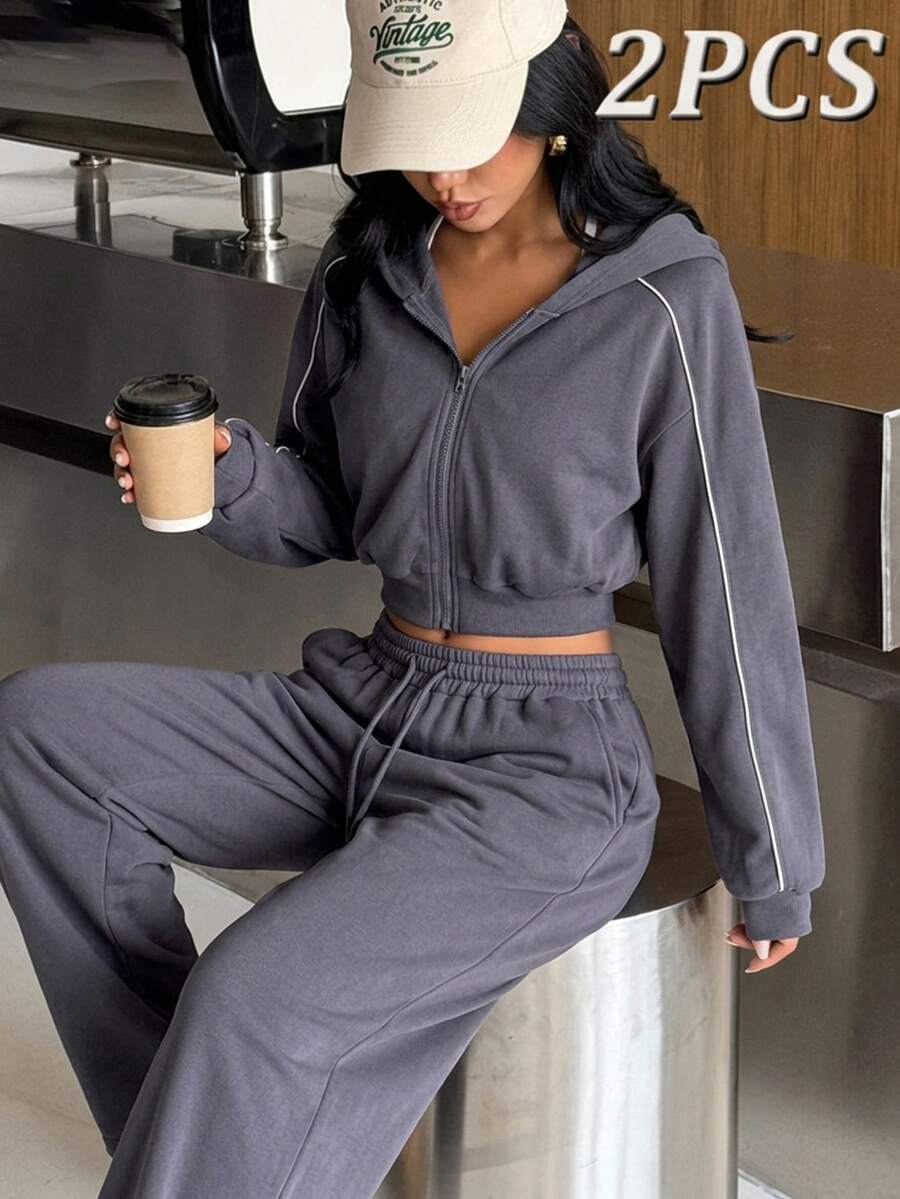 Muchica Women's Hooded Zip Up Reflective Stripe Wide Leg Sports Set Gym Set Workout Set 2 Piece Set Tracksuit Outfit Set Sportswear Activewear Fitness Fall - Dark Grey - View 1