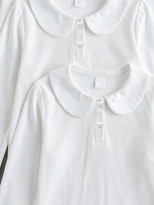 SHEIN Elladie kids Young Girls White 3pcs Long Sleeve Polo Shirts, Peter Pan Collar Exquisite Heart Button, Long Sleeve T-Shirts, Basic Solid Color Fitted T-Shirts, Suitable For Back To School Season - White - View 3