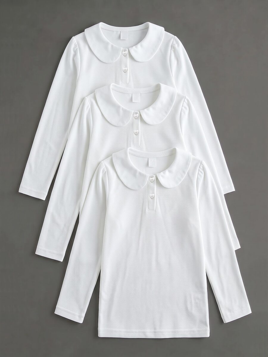 SHEIN Elladie kids Young Girls White 3pcs Long Sleeve Polo Shirts, Peter Pan Collar Exquisite Heart Button, Long Sleeve T-Shirts, Basic Solid Color Fitted T-Shirts, Suitable For Back To School Season - White - View 1