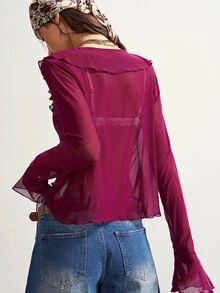 Bohemela Women's Solid Color Ruffle Collar Long Sleeve Fashion Top Going Out Night Out Deep Purple Autumn Sexy - Purple - View 6