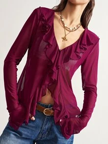 Bohemela Women's Solid Color Ruffle Collar Long Sleeve Fashion Top Going Out Night Out Deep Purple Autumn Sexy - Purple - View 4