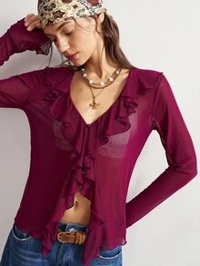 Bohemela Women's Solid Color Ruffle Collar Long Sleeve Fashion Top Going Out Night Out Deep Purple Autumn Sexy - Purple - View 2
