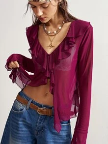 Bohemela Women's Solid Color Ruffle Collar Long Sleeve Fashion Top Going Out Night Out Deep Purple Autumn Sexy - Purple - View 5