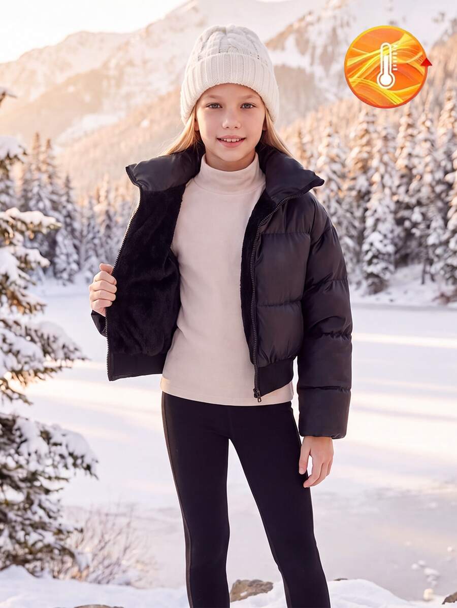 SHEIN 兒童 1件 少女高腰短版收腰加厚外套,休閒秋冬款 - 黑色 - 查看 1
