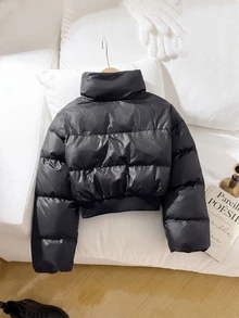 SHEIN 兒童 1件 少女高腰短版收腰加厚外套，休閒秋冬款 - 黑色 - 查看 5