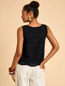 Travachic Women's Round Neck Hollow Embroidery Casual Tank Top - Black - View 3