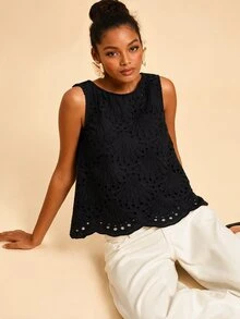 Travachic Women's Round Neck Hollow Embroidery Casual Tank Top - Black - View 7