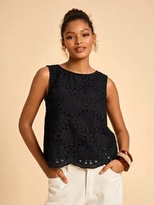 Travachic Women's Round Neck Hollow Embroidery Casual Tank Top - Black - View 1