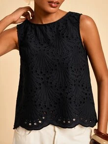 Travachic Women's Round Neck Hollow Embroidery Casual Tank Top - Black - View 4