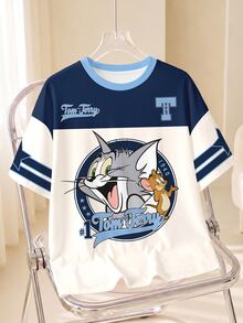 TOM & JERRY X SHEIN Plus Size Women's Cartoon Print Casual Daily Short Sleeve T-Shirt - White - View 1