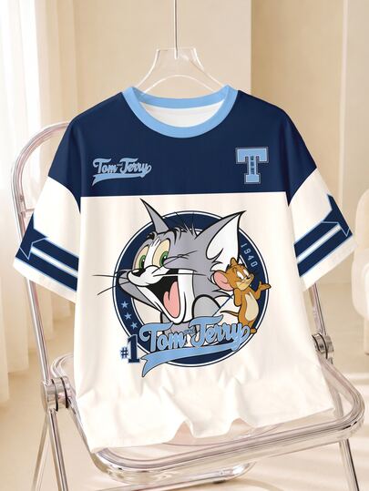 TOM & JERRY X SHEIN Camiseta de manga corta casual de uso diario con estampado de dibujos animados para mujer de talla grande
