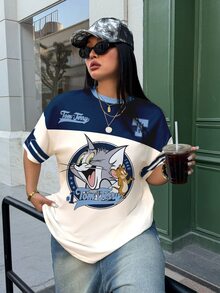 TOM & JERRY X SHEIN Plus Size Women's Cartoon Print Casual Daily Short Sleeve T-Shirt - White - View 3