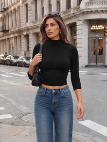 SHEIN PETITE Women's Black Mock Neck Ruched Three-Quarter Sleeve Top,Simple Fashionable Daily All-Match Simple Casual,Night Out Summer/Fall,Petite - Black - View 4