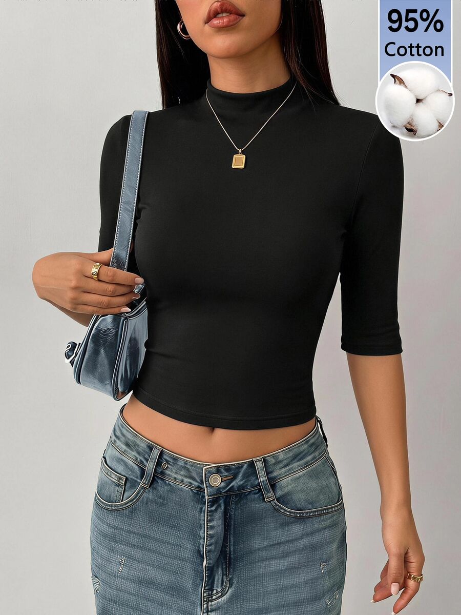 SHEIN PETITE Women's Black Mock Neck Ruched Three-Quarter Sleeve Top,Simple Fashionable Daily All-Match Simple Casual,Night Out Summer/Fall,Petite - Black - View 1