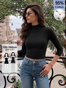 SHEIN PETITE Women's Black Mock Neck Ruched Three-Quarter Sleeve Top,Simple Fashionable Daily All-Match Simple Casual,Night Out Summer/Fall,Petite - Black - View 10