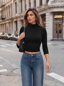 SHEIN PETITE Women's Black Mock Neck Ruched Three-Quarter Sleeve Top,Simple Fashionable Daily All-Match Simple Casual,Night Out Summer/Fall,Petite - Black - View 9