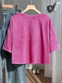Comfortcana Plus Size Vintage Floral Print Cropped Loose Washed T-Shirt - Hot Pink - View 2